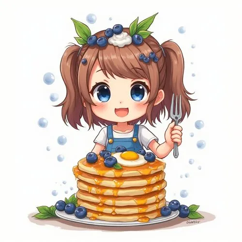 A vibrant, chibi-style anime digital illustration of a cheerful young girl standing in front of a tall stack of golden-brown pancakes, set against a plain white background. The girl has medium-length 