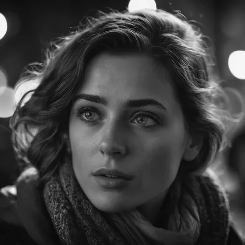 Hyper-realistic black and white cinematic photo realism highlighting the emotional gravity High quality, 32K, Super Resolution, HDR,film noir,clementine,bokeh,romantic look,moody portrait,women's eyes
