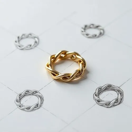 A sketching crafted gold ring with a unique design. This ring is placed in the center on a white surface. Around the ring are several sketches of the same design, rendered in pencil on a light backgro