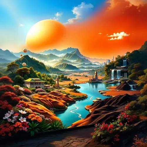 an oil painting of a river running through a mountainous landscape,fantasy landscape,landscape background,futuristic landscape,fantasy picture,mountainous landscape,mountain landscape,nature landscape