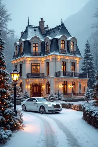Snow-covered luxury mansion in a French neoclassical style, surrounded by a serene winter landscape. The mansion features a light cream facade with intricate columns, ornate moldings, and tall arched 