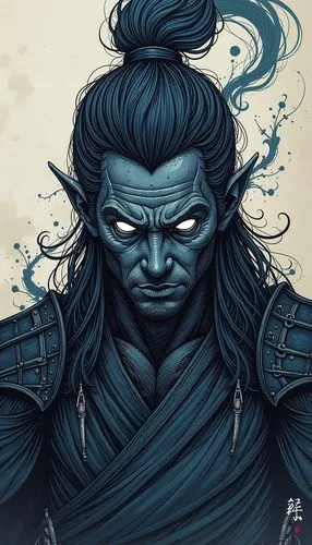 In a surreal and dreamlike scene, a fierce warrior figure, he gazes intently into the lens of his gaze. His eyes are white and misty, casting a soft glow. The scene is bathed in shadows and shadows, c