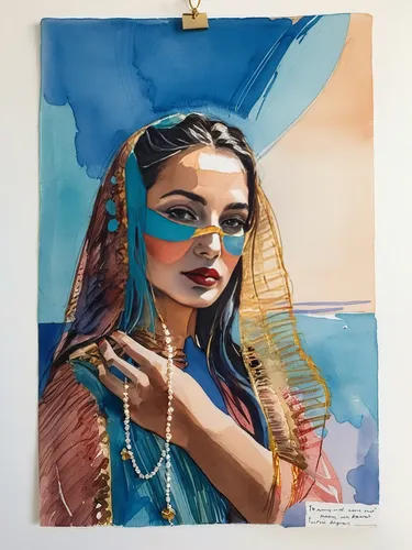 a watercolor portrait of a woman ,watercolor women accessory,bohemian art,blue painting,art painting,watercolor frame