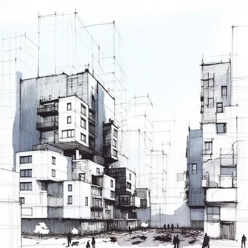 an ink drawing of some buildings with people walking around them,drawing ,architecture,black and white,dibujo a lapiz,pen 
