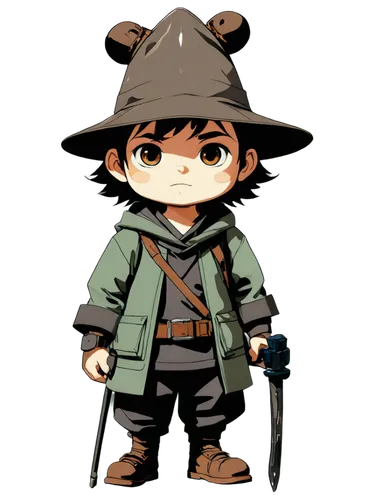 a tiny cute humanoid ronin samurai with mushroom cap hat,robin hood,chimney sweep,adventurer,pilgrim,chopper,scout,hobbit,little bear,woodsman,chasseur,musketeer,little boy,mountain guide,shepherd,mon