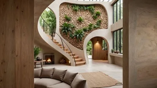 a modern home is in the middle of an open living room,wooden stairs,spiral staircase,winding staircase,circular staircase,wooden stair railing,staircase,stone stairs,outside staircase,spiral stairs,st