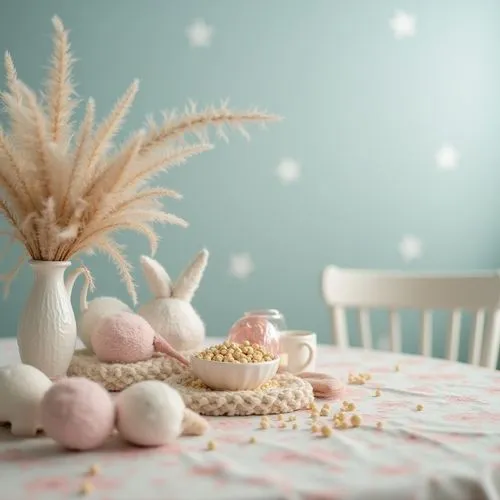 exclusive kids room elegant decoration on table,delicate ,pastel colors,blured background,zoom focus,plants
,some stuff that is on top of a table,doll kitchen,nursery decoration,food styling,felt baby