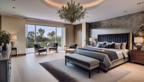 a bedroom with a bed, chairs, and a big window,luxury home interior,great room,modern room,interior modern design,contemporary decor,modern decor,ornate room,modern living room,luxury bathroom,interio