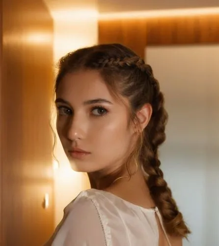 A portrait of a beautiful caucasian young woman with long brown hair and a braid, 21 years old, dressed in a white minidress with neckline, standing on her back with her head tilted backward, gazing o