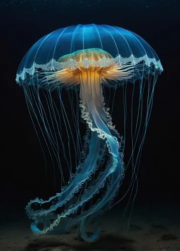 Transparent jellyfish, glowing blue umbrella-like body, intricate network of nerves, delicate lace-like oral arms, hundreds of tiny teeth-like structures, bioluminescent flashes, dark mysterious ocean