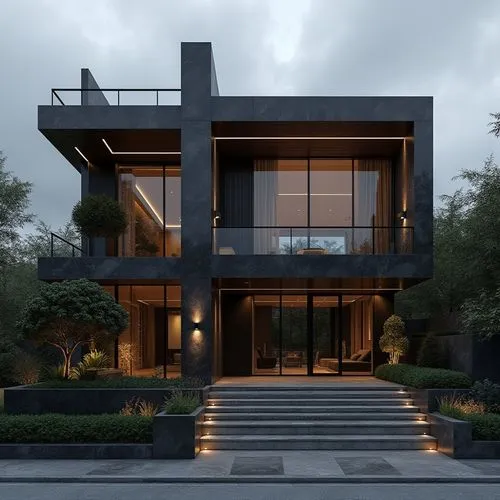  A luxurious, ultra-modern, three-story mansion with a sleek, dark marble facade and prominent vertical columns, situated in a refined, upscale residential setting. The exterior features large floor-t