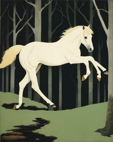 Write a suspenseful scene of an iceland foal running through a dark forest.,albino horse,a white horse,white horse,white horses,a horse,painted horse,appaloosa,piebald,horseman,forest animal,horse,equ