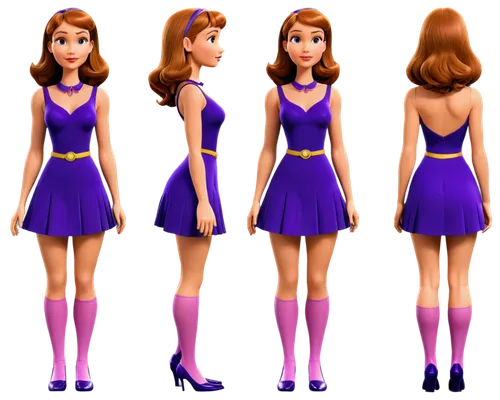 Create only high resolution, pixar 3d, realistic, 4k, character sheet style, like a paper doll, A pose style. Show the front and back view, side by side. Create the Daphne Blake of the animated series