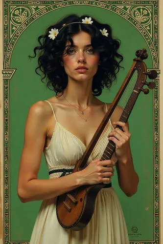book page layout, norse patterns, black and green, Art Nouveau style, beautiful greek muse, black hair, green eyes, playing lyre, white small flowers in hair, beautiful, stunning, luminous, perfect, i