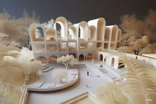 the architecture is very large and shows a circular courtyard,model house,dioramas,paper art,whipped cream castle,diorama,dolls houses,school design,nativity village,fairy tale castle,white temple,dol