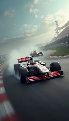 Dynamic Formula 1 race at full speed, cars weaving through the track, intense motion blur, smoke from tires, super high resolution


,a man drives a car around the track,marussia,monza,f1 car,codemast