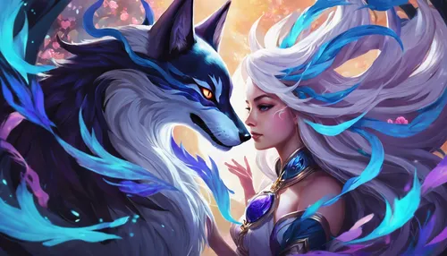 Kindred and Ahri by Nyandalee,fantasy portrait,kitsune,nine-tailed,painted dragon,sun and moon,unicorn art,wolf couple,dragon li,unicorn background,fantasy art,two wolves,masquerade,blue enchantress,d