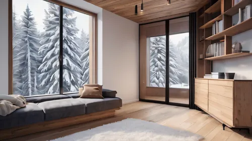 Villa, wood burning in the fireplace in the wall, wooden cabinet with books, white carpet, wooden floor, metal chandelier, floor-to-ceiling Windows, window of winter forest, white snow, white walls, b