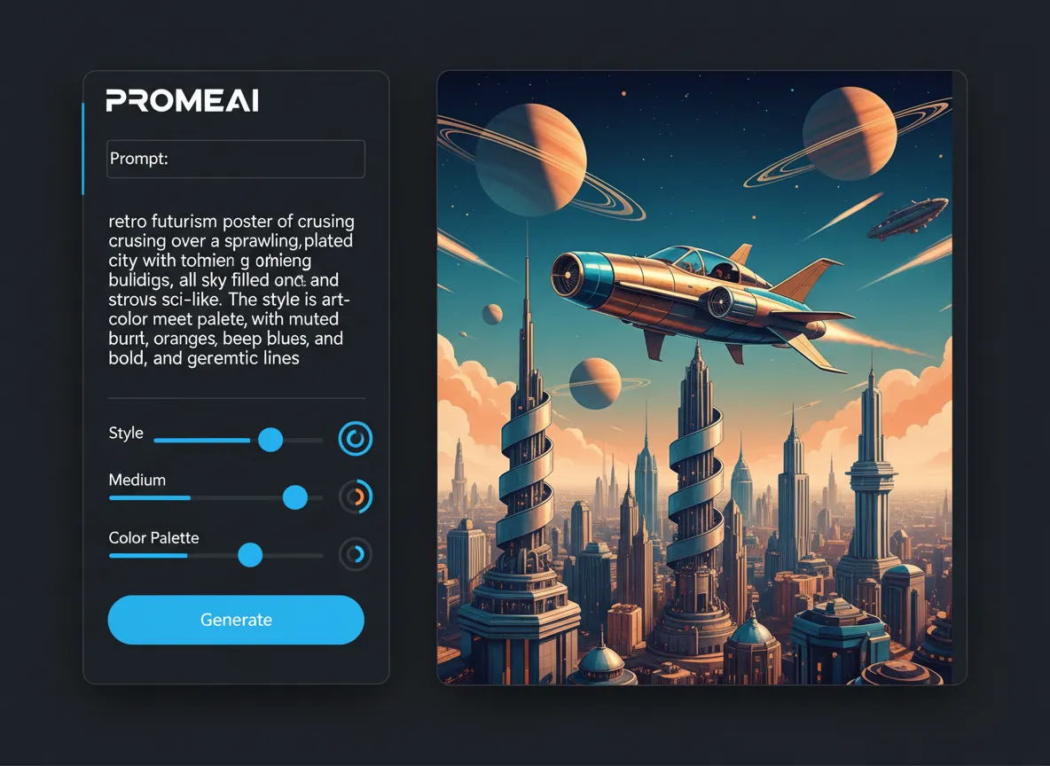 PromeAI का एक यूजर इंटरफ़ेस मॉकअप जिसमें 'रेट्रो फ्यूचरिज़्म पोस्टर' के लिए एक टेक्स्ट प्रॉम्प्ट और उसके बगल में परिणामी छवि दिखाई गई है।