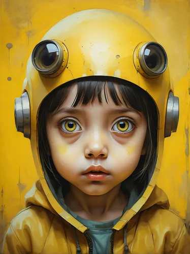A funny little girl with enormous exaggerated eyes, yellow futuristic background, in the style of reylia slaby, anton semenov ,kids illustration,world digital painting,diving bell,little yellow,yellow