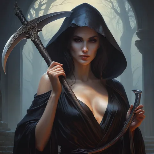 Beautiful Female Grim Reaper in low cut sheer robes, bare shoulder. Perfect body and pretty face. Holding scythe.
,sorceress,scythe,priestess,huntress,fantasy portrait,gothic woman,vampire woman,gothi