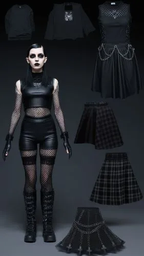 Goth Paper doll futuristic cyberpunk emp punk goth girl in black sleeveless shirt , black spandex shorts, complete full length fishnet and black goth knee Boots, standing surrounded by with a set of g