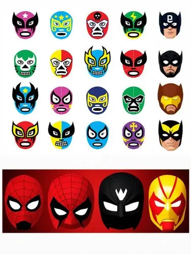 complete the next faces but with marvel and dc superhero luchador masks,an assortment of colorful masks with different faces,web icons,halloween masks,icon set,set of cosmetics icons,comic characters,