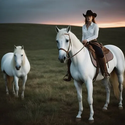 Minimalistic [beautiful cowgirl poses on the prairie with a white Arabian horse at sunset --ar 1:2 --s 750 --q 2 --v 5.1] in the style of Hungarian photographer Akos Major. The composition was made in