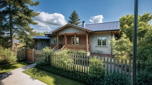 
Seam roof.,a house with a covered porch and a gated yard area,inverted cottage,acreages,residential property,wooden house,garden elevation,chalet,summer cottage,bungalow,small cabin,bungalows,house p