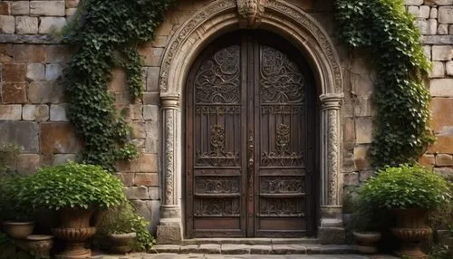 ornate door, grand entrance, ancient Greek pillars, intricate carvings, gold leaf details, majestic arches, stained glass windows, heavy iron door handles, old-fashioned keyhole, rusted hinges, weathe