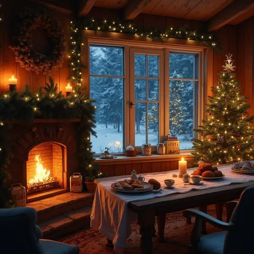 A cozy house interior at night, with a large window showing a snowy landscape outside. The room is warmly decorated with Christmas garlands and pine branches. A fire is crackling in the fireplace, cas