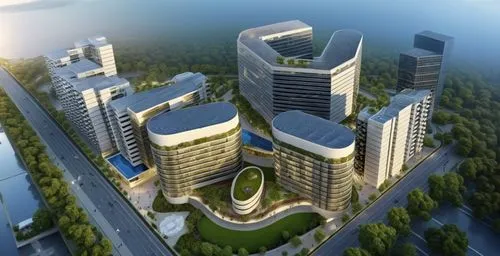 **Prompt:**  
"A bird's-eye view of a modern commercial CBD center surrounded by abundant greenery. Skyscrapers with sleek, contemporary designs and reflective glass facades rise above lush green park