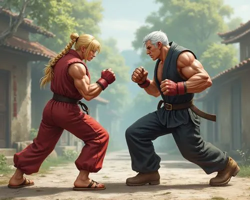 Street Fighter II characters, Mortal Kombat characters, Tekken characters, Fighting game, Martial arts poses, two characters fighting, heath bars, One v one fight, Ken, Ryu, Guile, Sagat, Vega, Chun L