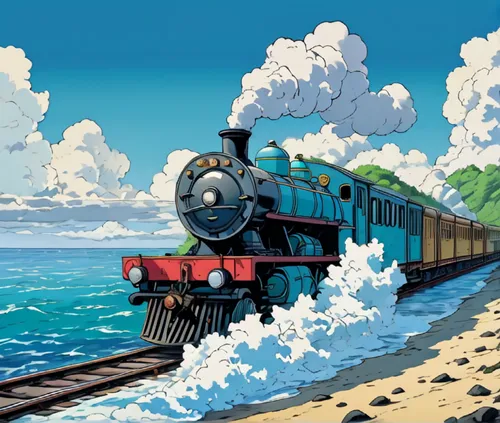 A train running through an open calm ocean in the style of studio ghibli hayao Miyazaki ,steam locomotives,thomas the train,steam train,thomas and friends,thomas the tank engine,steam special train,wo