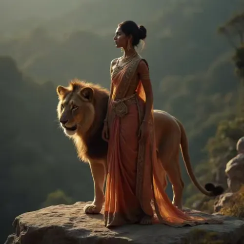 The lady and the line slowly walking two steps forward, create realistic video without any distraction on their movements ,kshetra,she feeds the lion,sundari,zira,lioness,rajah,dhyana,draupadi,apsara,