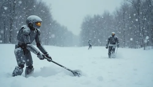 We thought that robots would clean snow and people would be creative, but instead robots become creative and people would clean snow.
,two people in jackets are walking through the snow with snowshoes