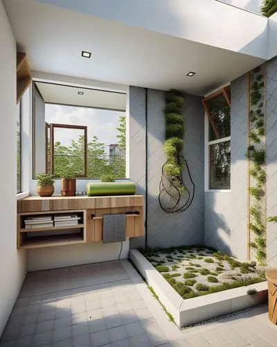 an outdoor area with a shower, tub and mirror,prefab,prefabs,prefabricated,smart home,sky apartment,modern room
