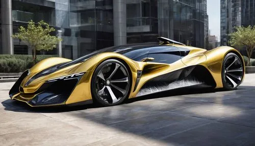 an artistic view of the front of a yellow and black car in a city street,concept car,maclaren,vitesse,futuristic car,supercar car,super car,sportscar,opel record p1,electric sports car,supercar,lambor