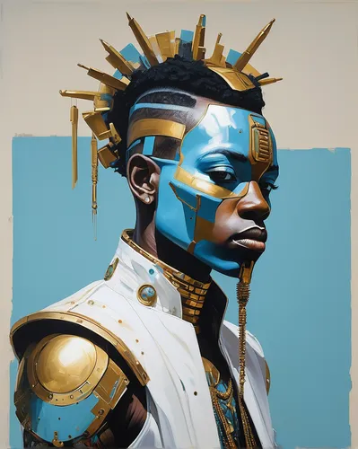in the style of cyberpunk futurism, african influence, etam cru, light blue and gold, michael creese, steelpunk, michael hussar, white background,pharaonic,gold mask,zodiac sign libra,pharaoh,golden m