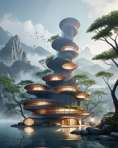 background,asian architecture,chinese architecture,japanese architecture,futuristic architecture,futuristic landscape,floating island,floating islands,stone pagoda,fantasy landscape,eco hotel,silk tre