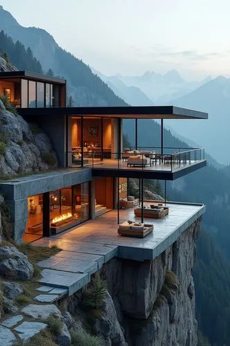 A striking modern villa set on the edge of a mountain cliff, featuring cantilevered living spaces that extend outwards, offering breathtaking views of the surrounding valley and peaks. The villa’s des
