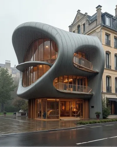  ,this building has unusual curves on it,french building,acconci,morphosis,futuristic architecture,crooked house,futuristic art museum