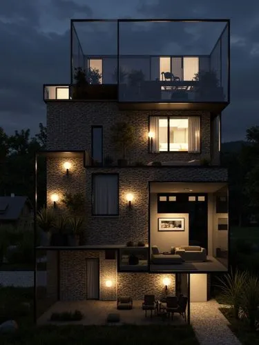 a night s of a two story building with deck lights on,renders,modern house,cubic house,an apartment,apartments,block balcony,rendered,apartment house,modern architecture,lofts,apartment block,apartmen