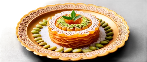 Middle Eastern dessert, jalebi, golden brown, crispy exterior, soft syrupy interior, sweet fragrance, garnished with pistachios, powdered sugar, traditional Arabic dessert, shallow depth of field, war