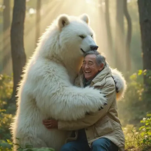 Hugging each other, each other is happy and laughing,bearhug,disneynature,cuddling bear,white bear,bearlike,whitebear,bear guardian,ice bear,bearable,bearshare,cute bear,polar bear children,unbearable