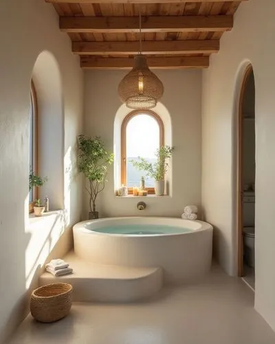 Fotografía arquitectónica interior de un baño angosto y acogedor en una villa estilo Santorini.
En ella se ve al final una ventana en forma de arco y una igual del lado izquierdo. Frente a la ventana,