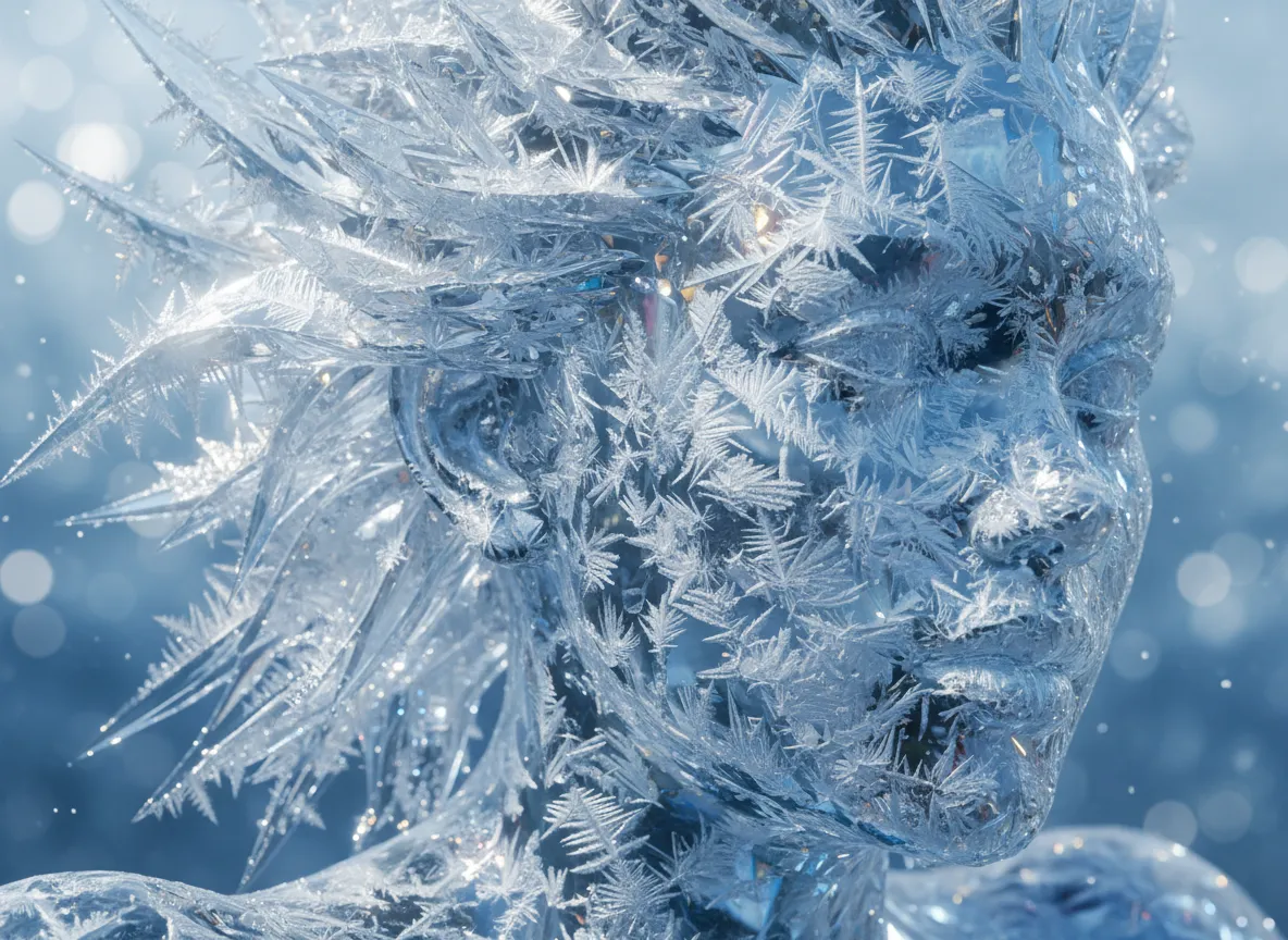Un primo piano di una scultura di ghiaccio generata dall'AI che mostra texture di brina dettagliate e riflessi di luce realistici sui suoi spigoli vivi.