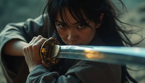 In a stunning close-up, the katana’s blade gleams with an otherworldly brilliance, capturing the light as if it were alive. Slowly, the camera zooms in, revealing the reflection of a warrior girl. Her
