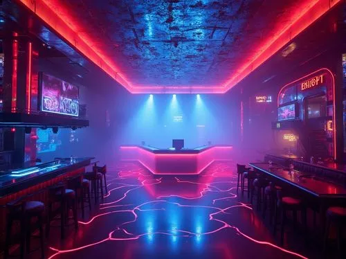 Vibrant nightclub interior, pulsating LED lights, fog machines, DJ booths, dance floors, mirrored ceilings, strobe lights, luxurious VIP areas, velvet ropes, neon signs, futuristic architecture, metal
