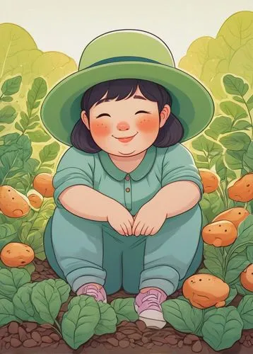 Adorable potato, cartoonish, chubby, rounded body, bright shiny skin, green leafy hat, cute eyes, smiling face, sitting, garden, flower bed, sunny day, warm lighting, soft focus, shallow depth of fiel